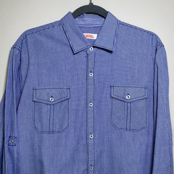 Men's Large Michael Brandon Blue Plaid Long Sleeve Button Down Shirt - Picture 4 of 7